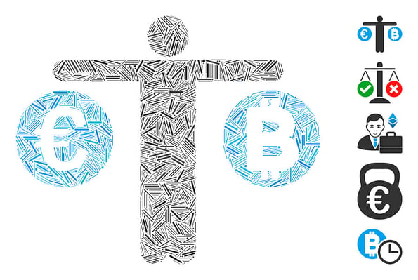 Dash Mosaic based on person compare Bitcoin and Euro icon. Mosaic vector person compare Bitcoin and Euro is designed with random dash spots. Bonus icons are added.