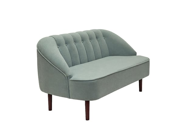 vintage blue fabric sofa isolated on white background, side view. retro couch, furniture in minimal style, interior, home design