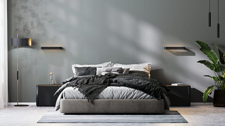 modern bedroom interior in gray tones, bedroom mock up, 3d rendering