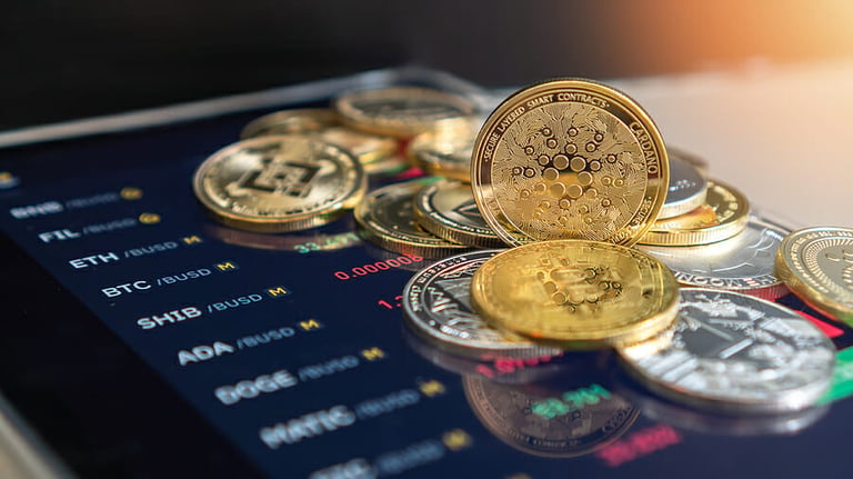 Cardano ADA cryptocurrency on Binance with Bitcoin, altcoin token digital crypto currency coin for defi decentralized financial trading p2p business and world exchange investment