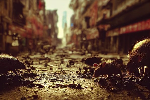 Infestation of houses in urban areas by big mouses, bringing epidemics. 3D rendering and scary Halloween blurred background.