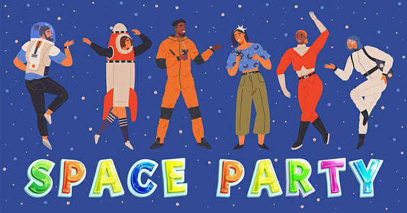 Animators birthday party in cosmic style. Theme party in costumes. Dancing people in costumes have fun at space party. Characters in self made outfits surrounded by cosmic bodies, space disco poster