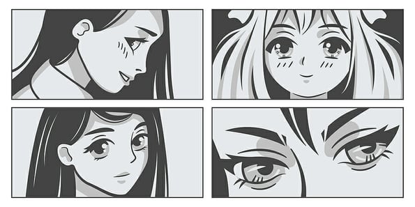 Japanese manga. Faces of anime girl. Black and white vector illustrations.