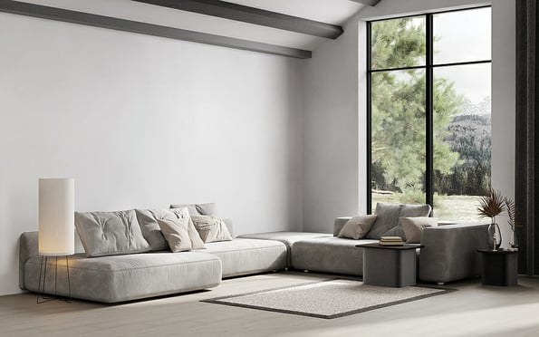 Stylish room loft interior with big window white walls, wooden beams and floor, 3d rendering