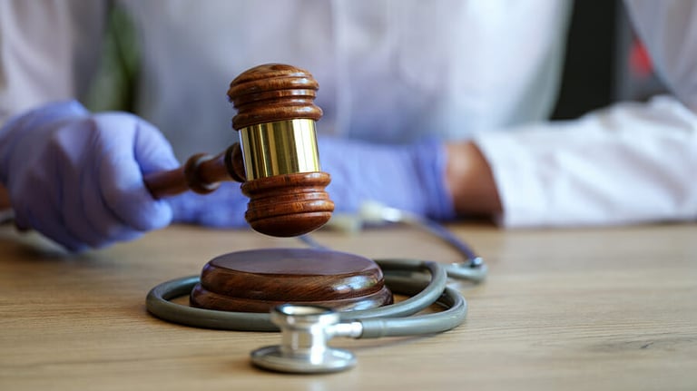 Close-up of woman doctor hands in gloves striking with judge gavel. Medical malpractice, personal injury lawyer and healthcare legal aspects concept