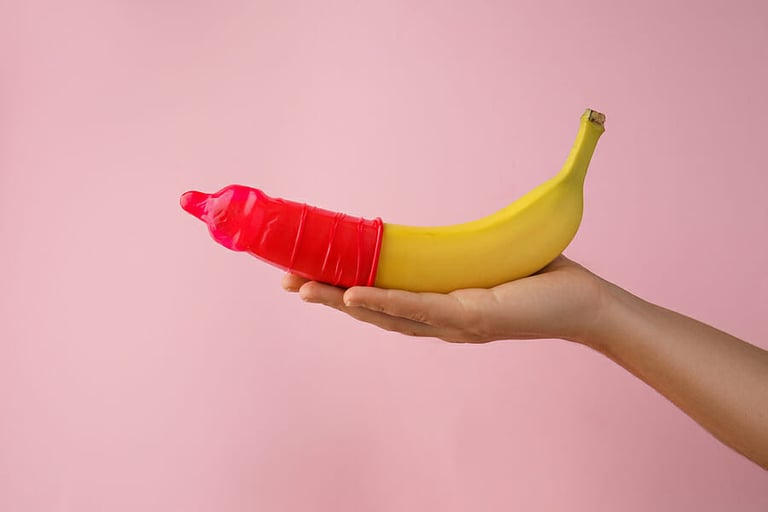 Woman holding banana in condom on pink background, closeup. Safe sex concept