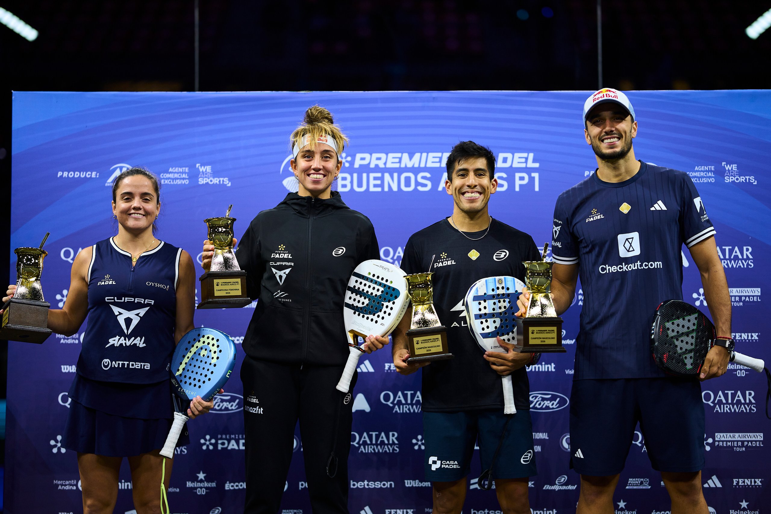 Paula Josemaria Martin, Beatriz Gonzalez Fernandez, Federico Chingotto and Alejandro Galan pose with their winner trophies during the trophy ceremony of the Premier Padel P1 Buenos Aires, Argentina on May 17, 2026.