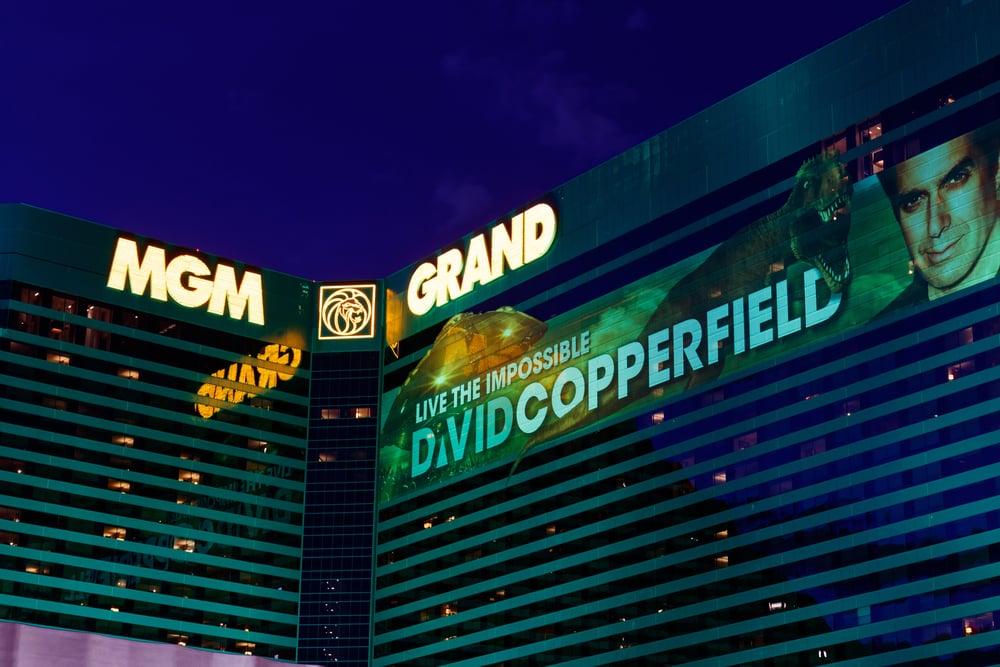 MGM Grand Hotel exterior with a banner for David Copperfield. The MGM is a subsidiary of MGM Resorts International I