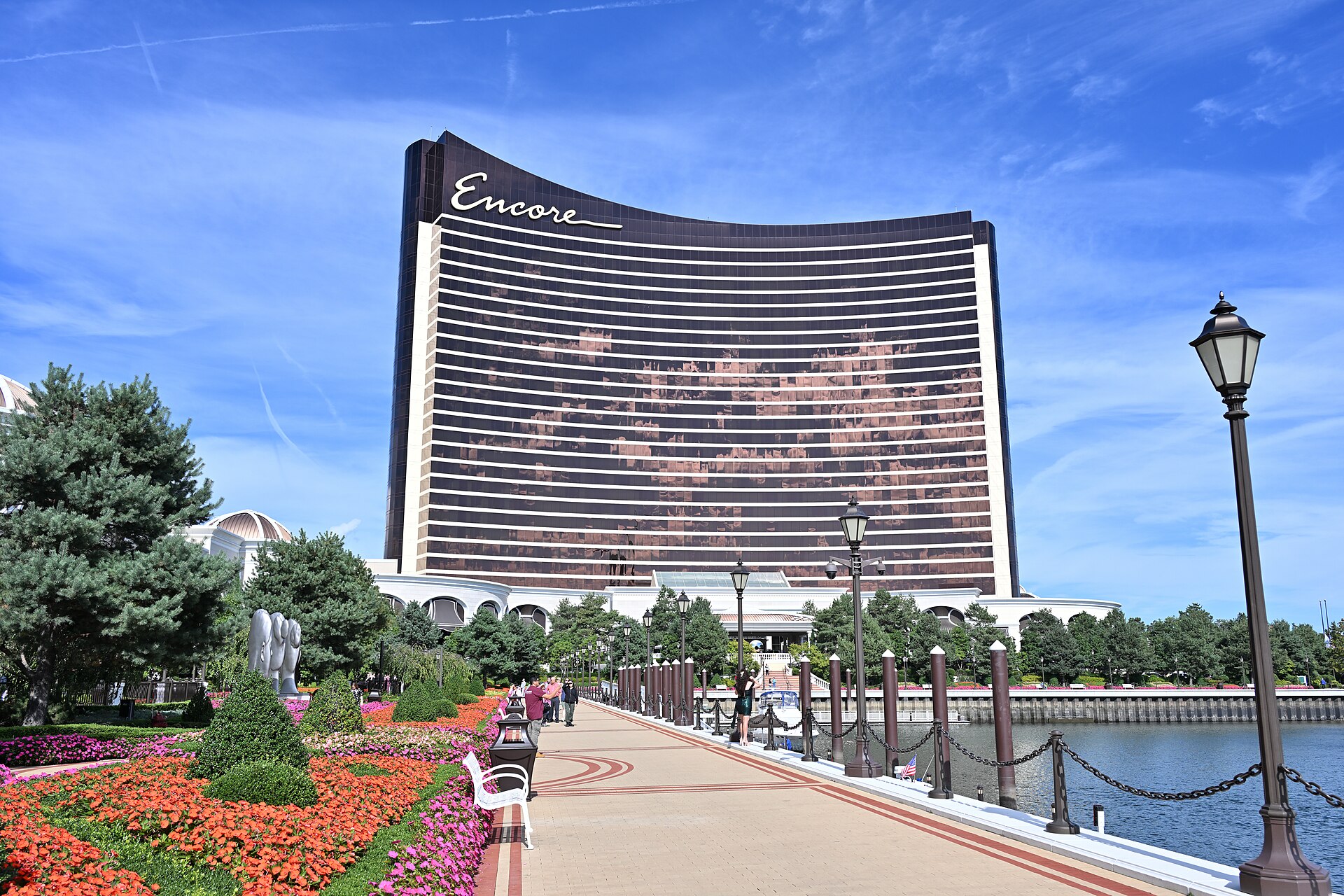 View of the riverwalk at the Encore Boston Harbor casino