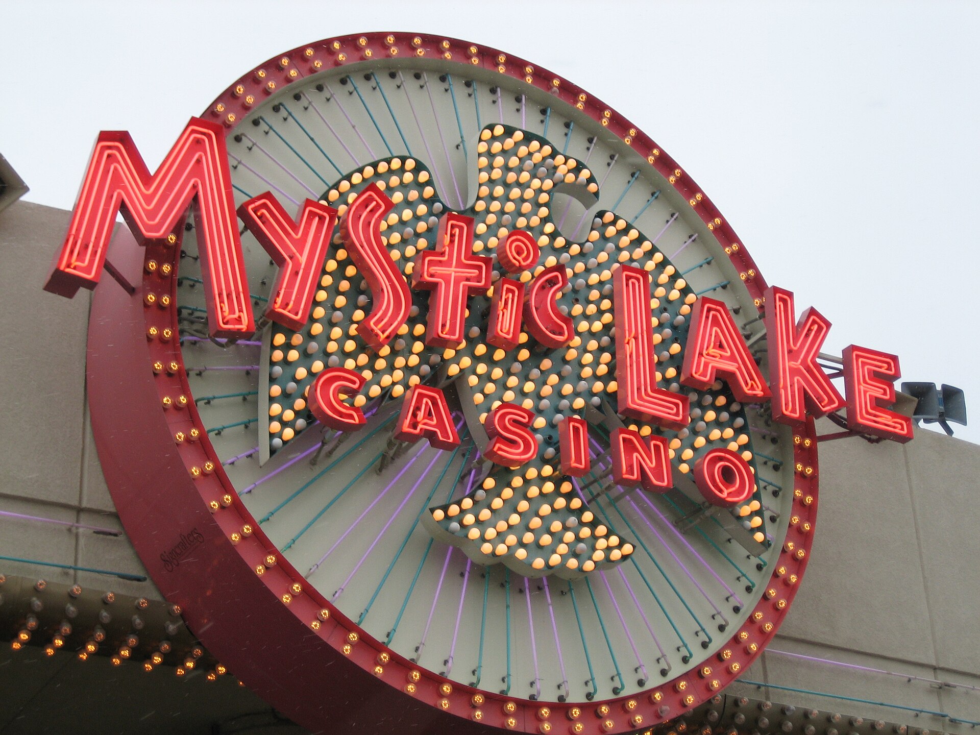 Sign featuring the logo of the Mystic Lake Casino in Minnesota