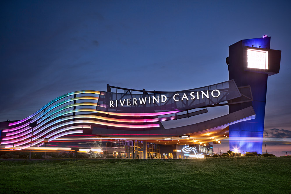 Exterior view of the colorful River Wind Casino