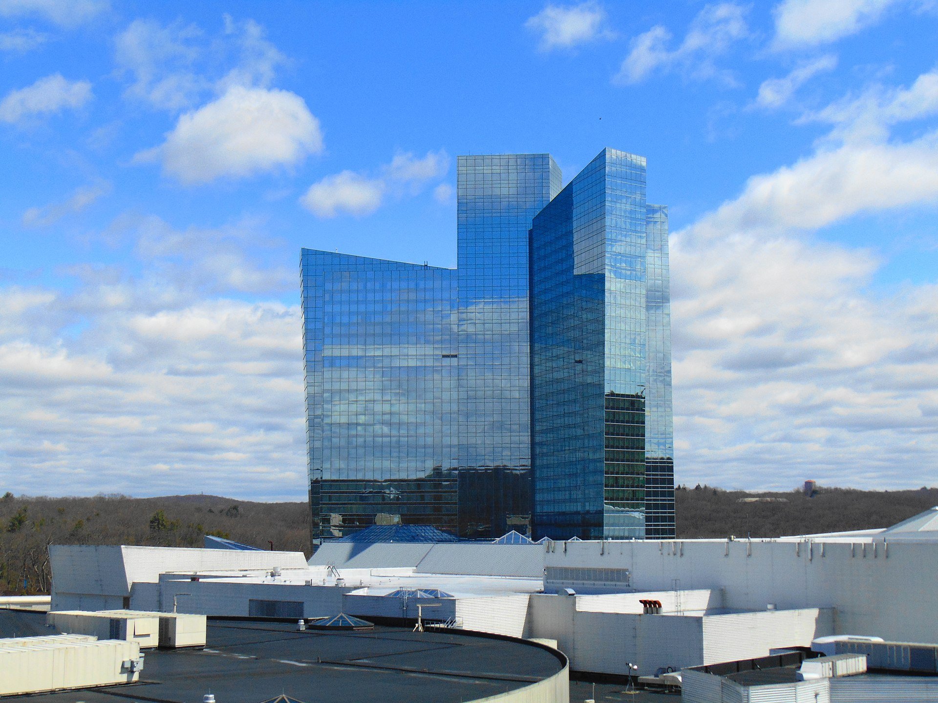 Distant view of the towers of the Mohegan Sun Casino