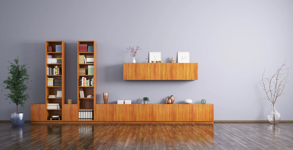 Modern living room with clean-lined bookcase and open shelving