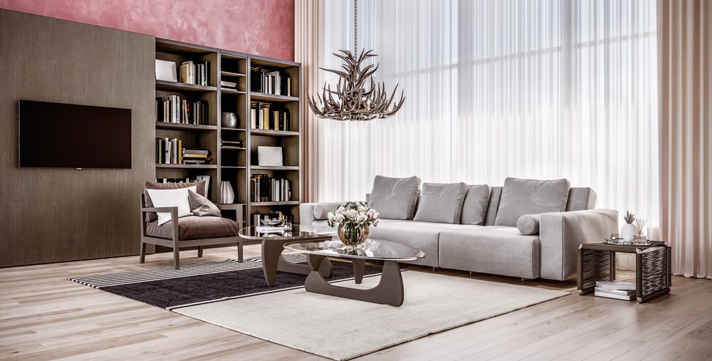 Interior of stylish living room with a bookcase