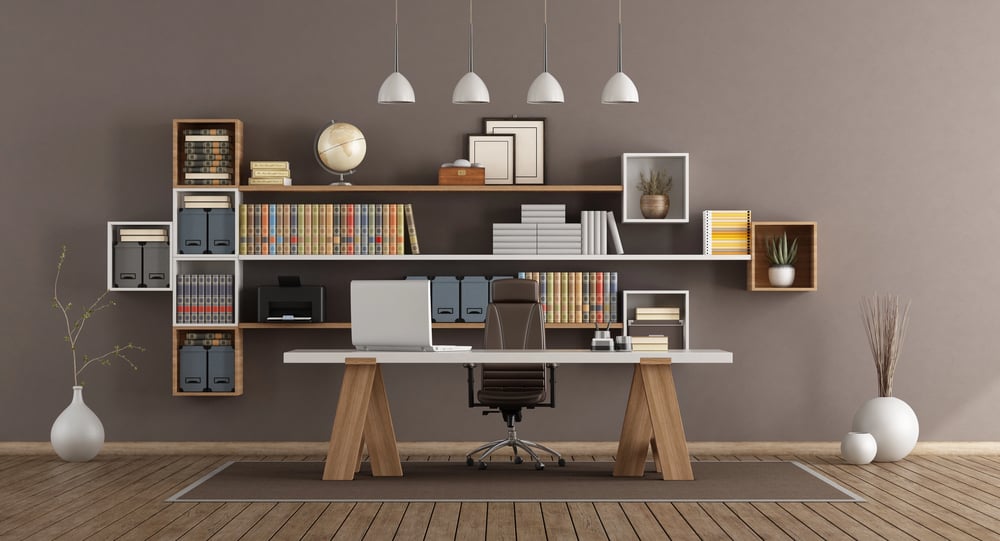 Modern office with wooden bookcase and desk