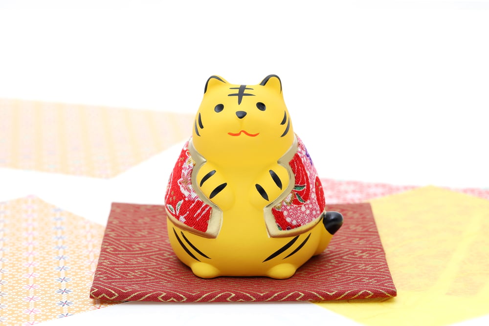 Dolls of Tora Tiger. Japanese new year card. Japanese new year tiger object