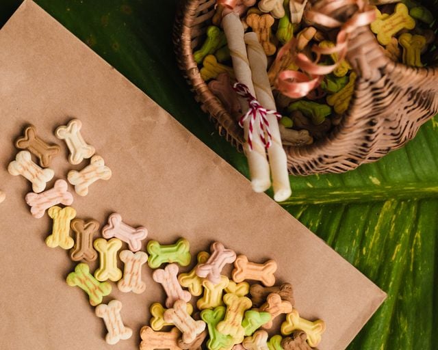 A flat lay of colorful dog bone treats scattered from a woven basket on a leaf surface