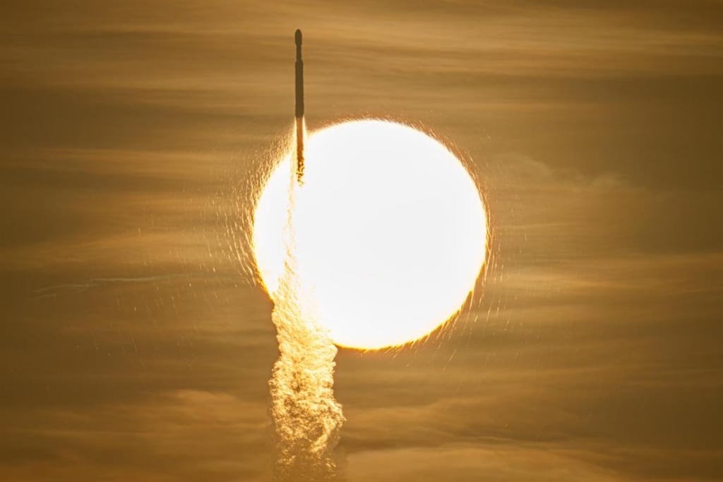 A SpaceX Falcon Heavy rocket with NASA’s Nancy Grace Roman Telescope on board transiting the sun during launch from Launch Complex 39A, Sunday, Aug. 30, 2026, at NASA’s Kennedy Space Center in Florida.