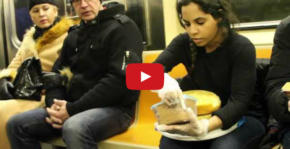 Woman Ices Cake & Serves Cake On Subway