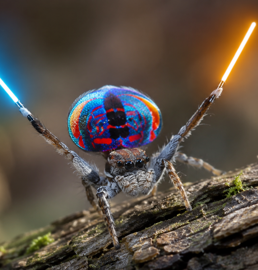 Peacock Spider Dancing With Lightsabers