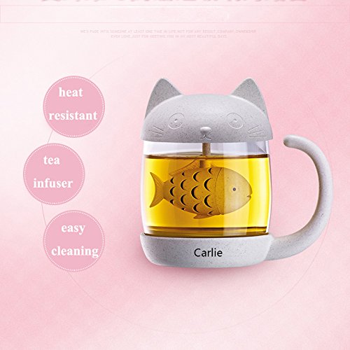 Fish Tea Infuser Strainer Filter in a Cat Glass Cup Tea Mug