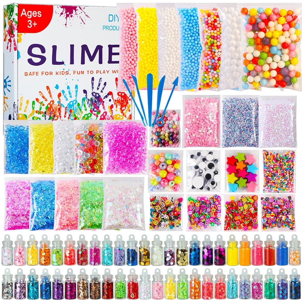 FINOCLAY DIY Slime Kit for Boys Girls, Over 100 Accessories with 24 Non  Sticky Premade Slimes in Gift Container, Galaxy, Unicorn Fluffy, Glow in  Dark