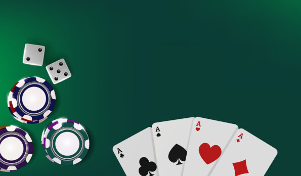 Top view of Casino table. Poker chips, dice and cards on green background. Online Vegas casino banner with chips on green game table and place for text. Gambling 3d vector backdrop concept.