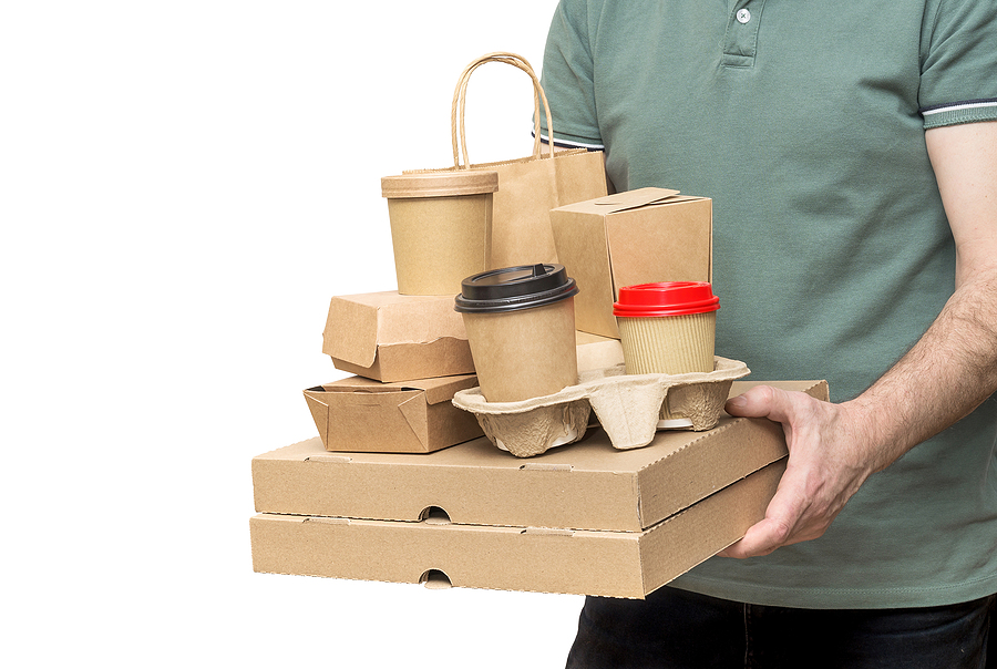 Delivery Man Carries Diverse Take-out Food Containers, Pizza Box