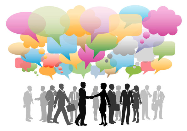 Business social media people network in a cloud of company speech bubbles colors.