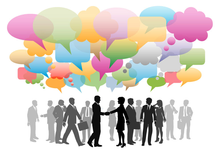 Business social media people network in a cloud of company speech bubbles colors.