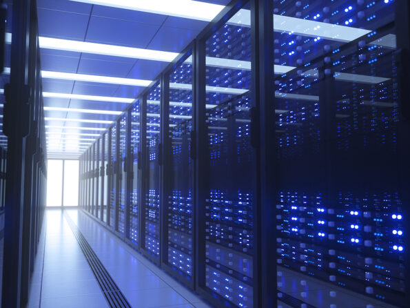 Server racks in computer cybersecurity server data center. 3D render dark blue