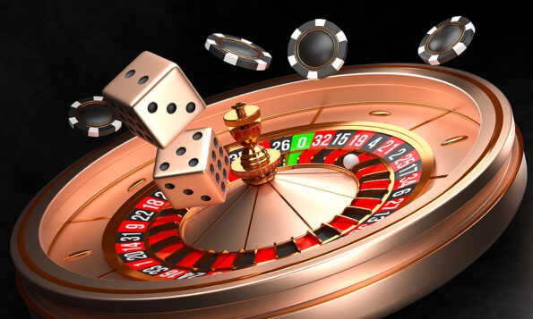 Casino background. Luxury Casino roulette wheel on black background. Online casino theme. Close-up white casino roulette with a ball, chips and dice. Poker game table. 3d rendering illustration.