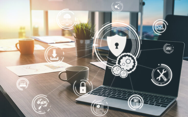Cyber Security and Digital Data Protection Concept. Icon graphic interface showing secure firewall technology for online data access defense against hacker, virus and insecure information for privacy.