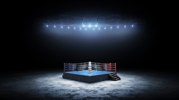 3D boxer arena. Isolated empty boxing ring with light. 3D rendering. Boxing ring with illuminated spotlights