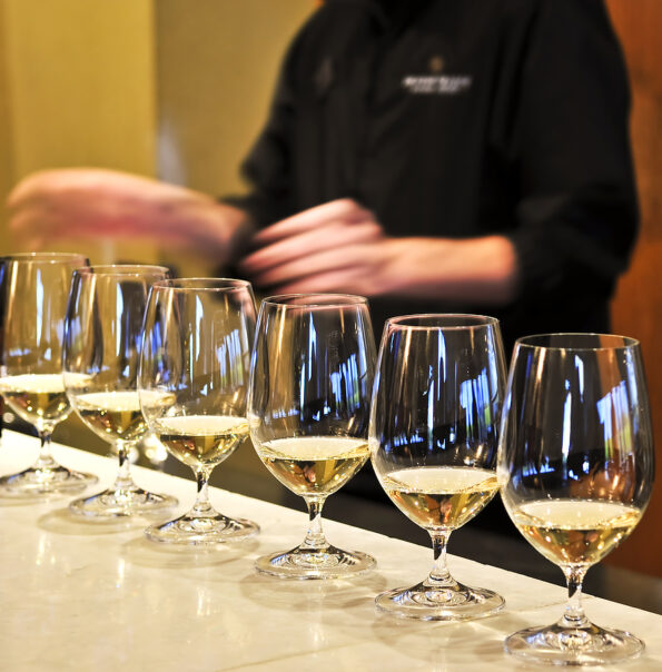 wine tasting Row of white wine glasses in winery tasting event