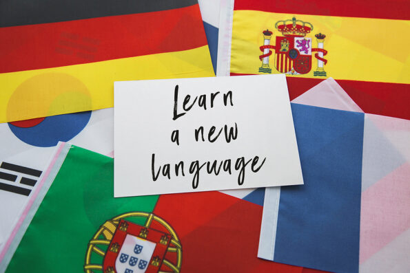 national flags of france, porutgalia, spain, japan and others and the inscription learn a new language, education concept