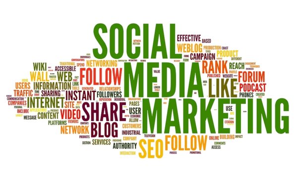 Social media marketing concept in word tag cloud on white background
