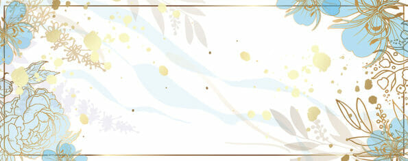 Luxury gold floral, winter wallpaper. Banner with small and lush flowers. Watercolor blue spots on a white background and splashes. Shiny flowers and twigs. Vector file.