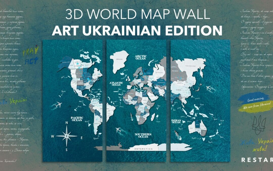 3D World Map Wall Art Ukrainian Edition – Stand with Ukraine Restart. New line of wooden products by Enjoy The Wood. Support Ukraine and choose our project.