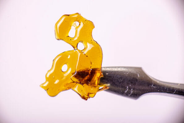 Macro detail of dab tool with cannabis concentrate aka shatter isolated over white background, medical marijuana extraction concept