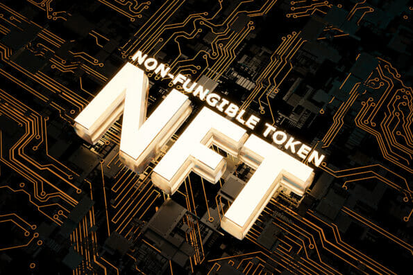 NFT illuminated sign on abstract lines of electronic circuits. concept of metaverse, nft, play to earn, crypto, blockchain and technology. 3d rendering