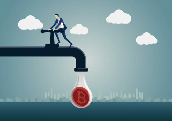 Bitcoin mining concept as vector illustration. Business man generating crypto-currency such as bitcoins.