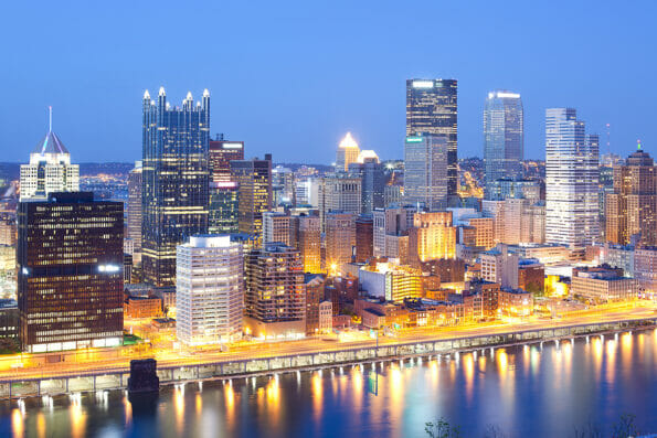 Skyline at night of the Central Business district of Pittsburgh, Pennsylvania, United States