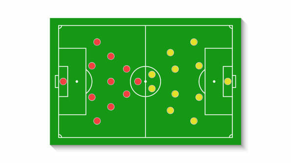 A green football field with a tactical scheme of the arrangement of players of two soccer teams on the board, organization of a game diagram for a fantasy league coach