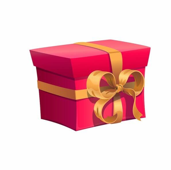 Red holiday gift box with golden bow ribbon for birthday present. Vector isolated gift box for celebration of wedding, anniversary or holiday present with golden ribbon bow in red wrapper