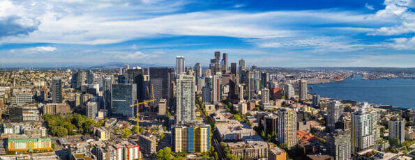 Panorama of  aerial view of Seattle business district in a sunny day in Seattle, USA