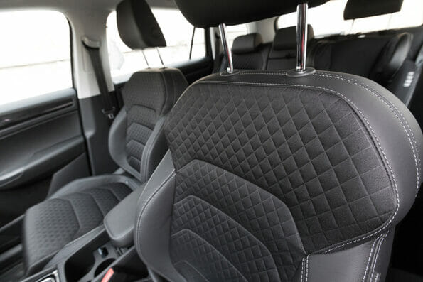 interior of the car seat upholstery in leather and fabric