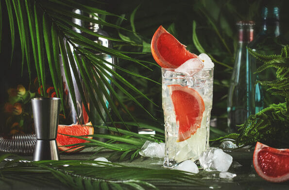Gin bitter grapefruit long drink cocktail with dry gin, tonic, and ice. Deep green background with tropical leaves. Bar tools, copy space
