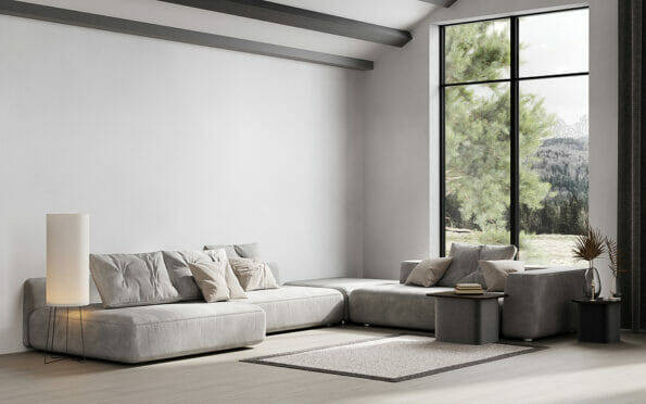 Stylish room loft interior with big window white walls, wooden beams and floor, 3d rendering