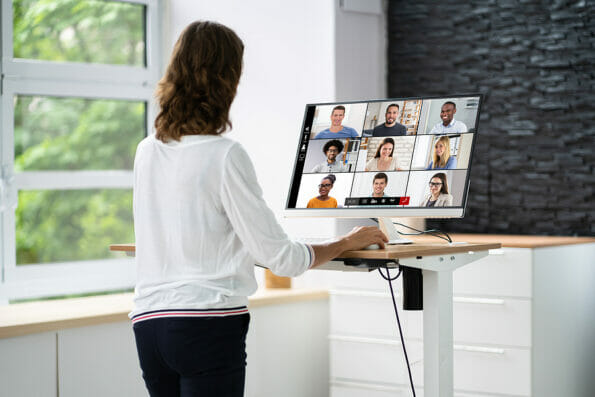 Video Conference Call Using Electric Adjustable Height Standing Desk